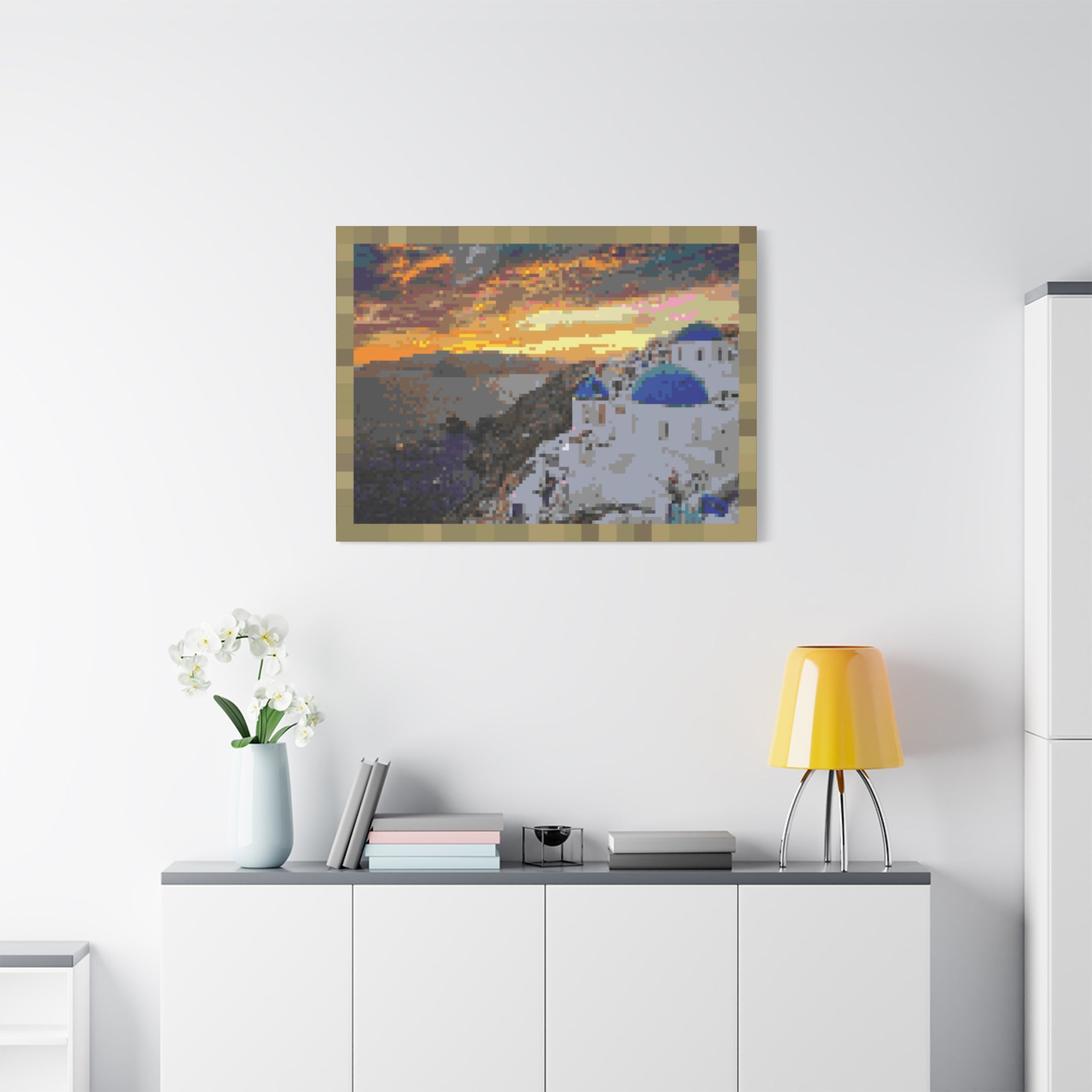 Santorini Sunset Pixel-Style Matte Canvas Print