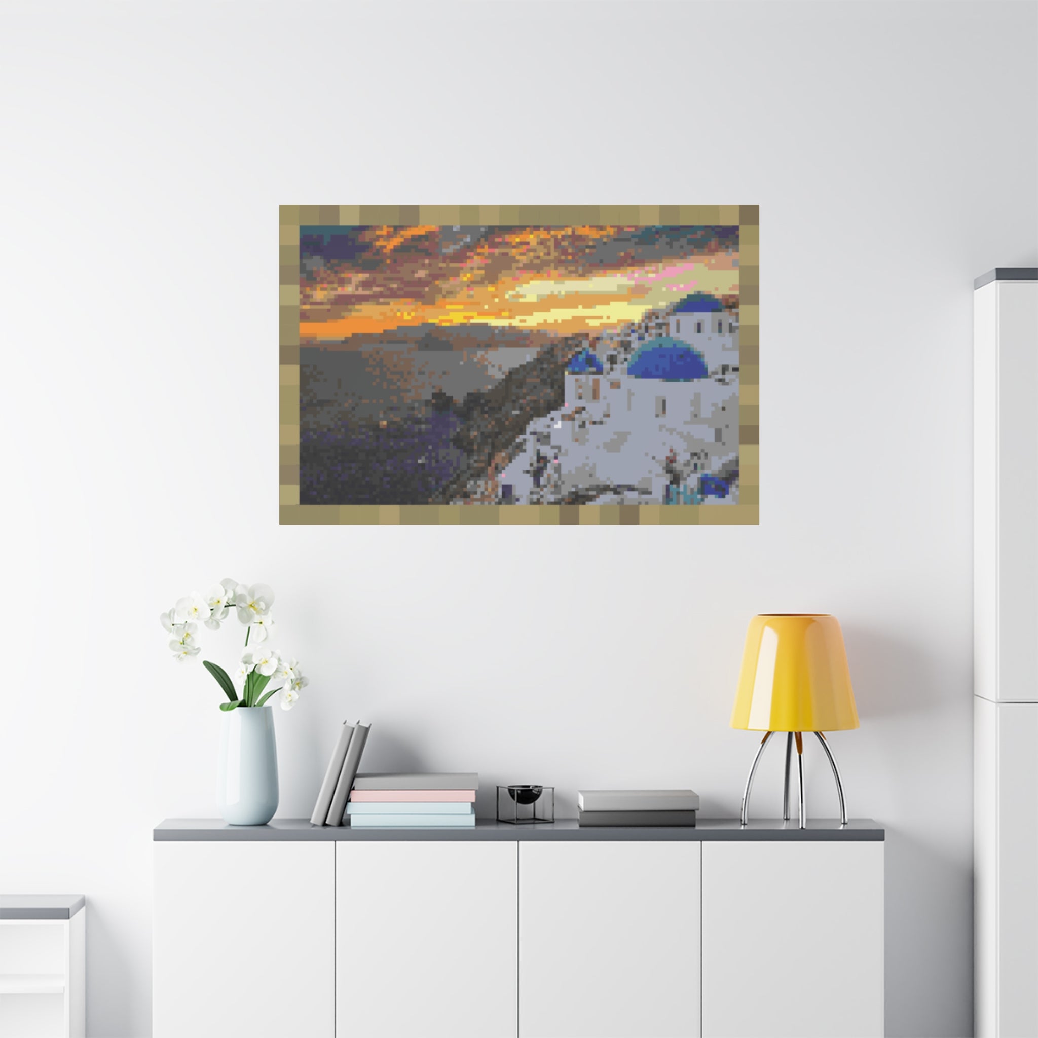 Santorini Sunset Pixel-Style Matte Canvas Print