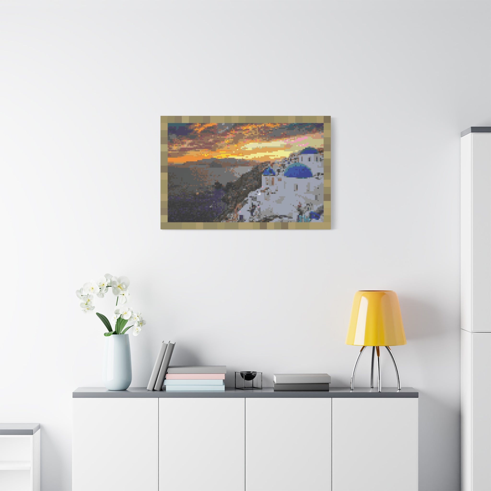 Santorini Sunset Pixel-Style Matte Canvas Print