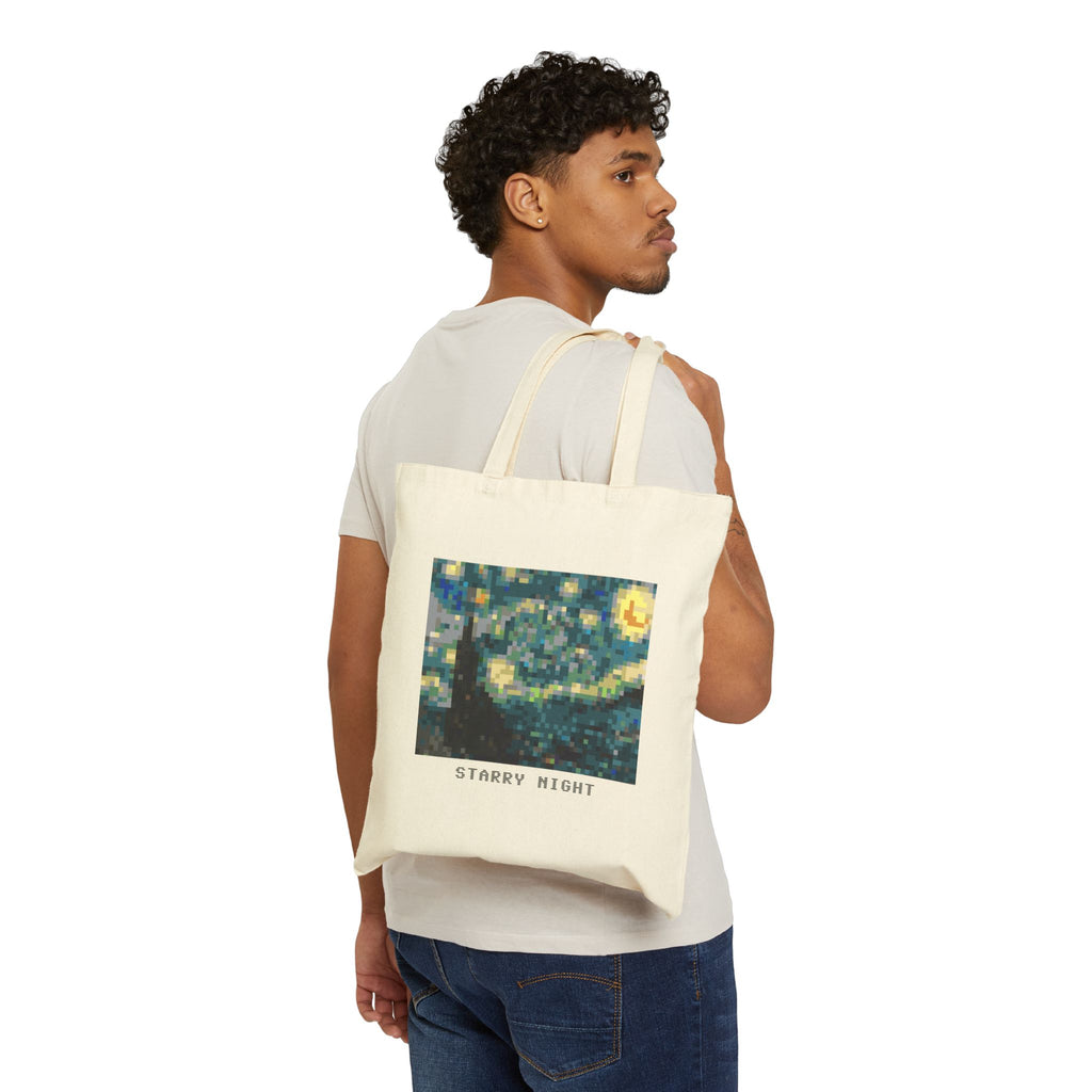 Starry Night Pixel Art Tote Bag — Famous Artwork Canvas Tote