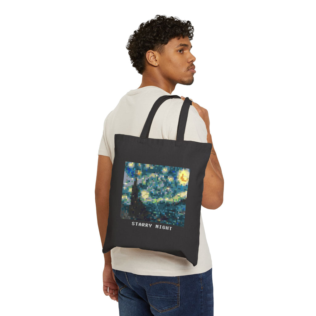Starry Night Pixel Art Tote Bag — Famous Artwork Canvas Tote