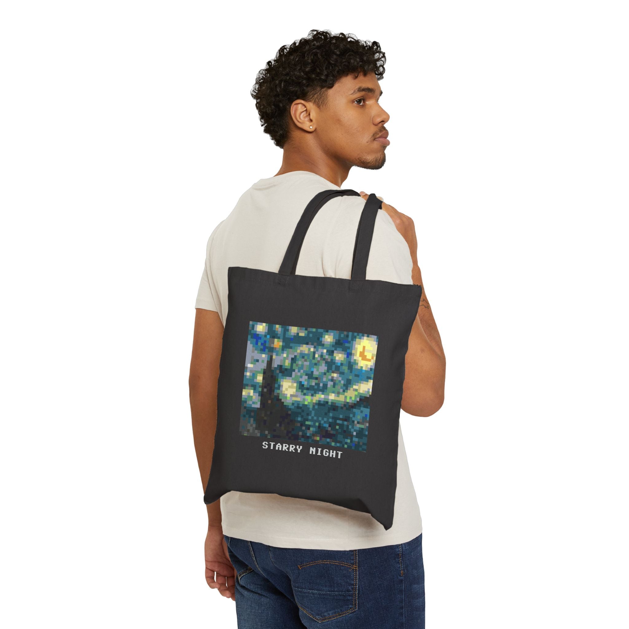 Starry Night Pixel Art Tote Bag — Famous Artwork Canvas Tote