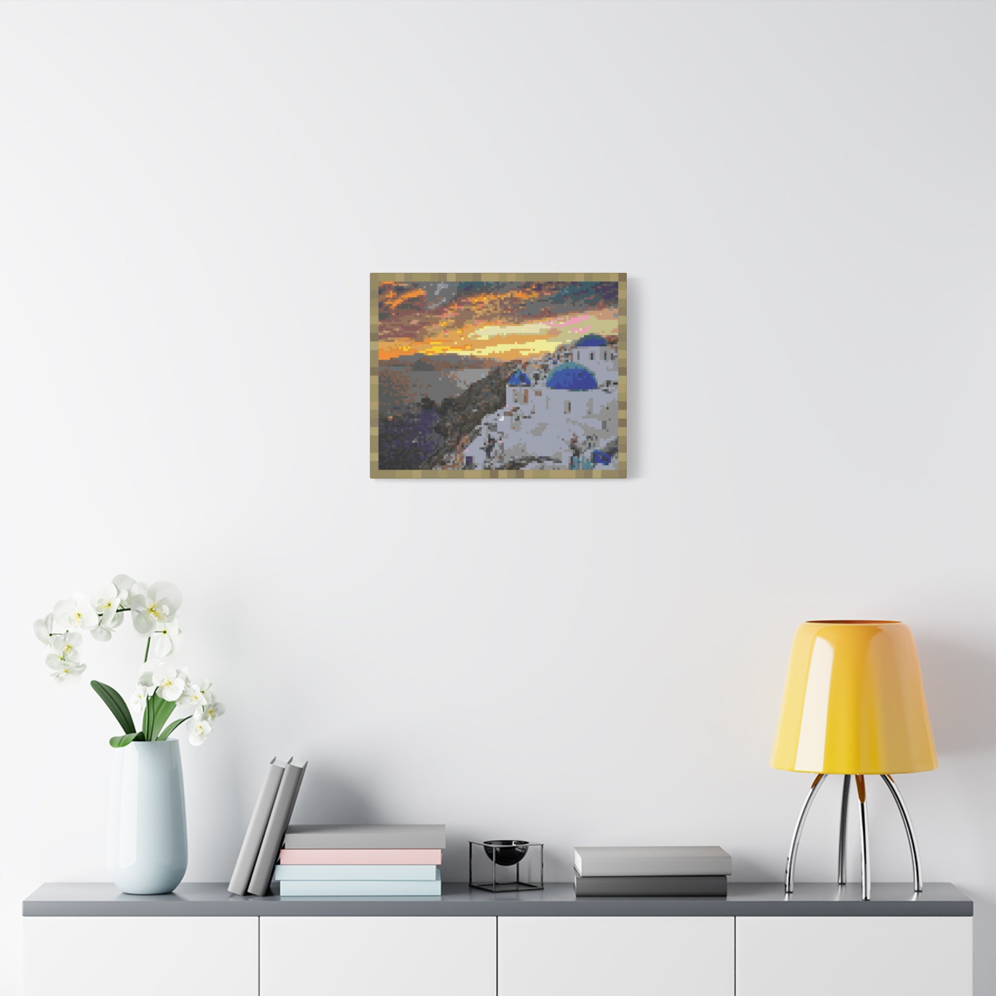 Santorini Sunset Pixel-Style Matte Canvas Print