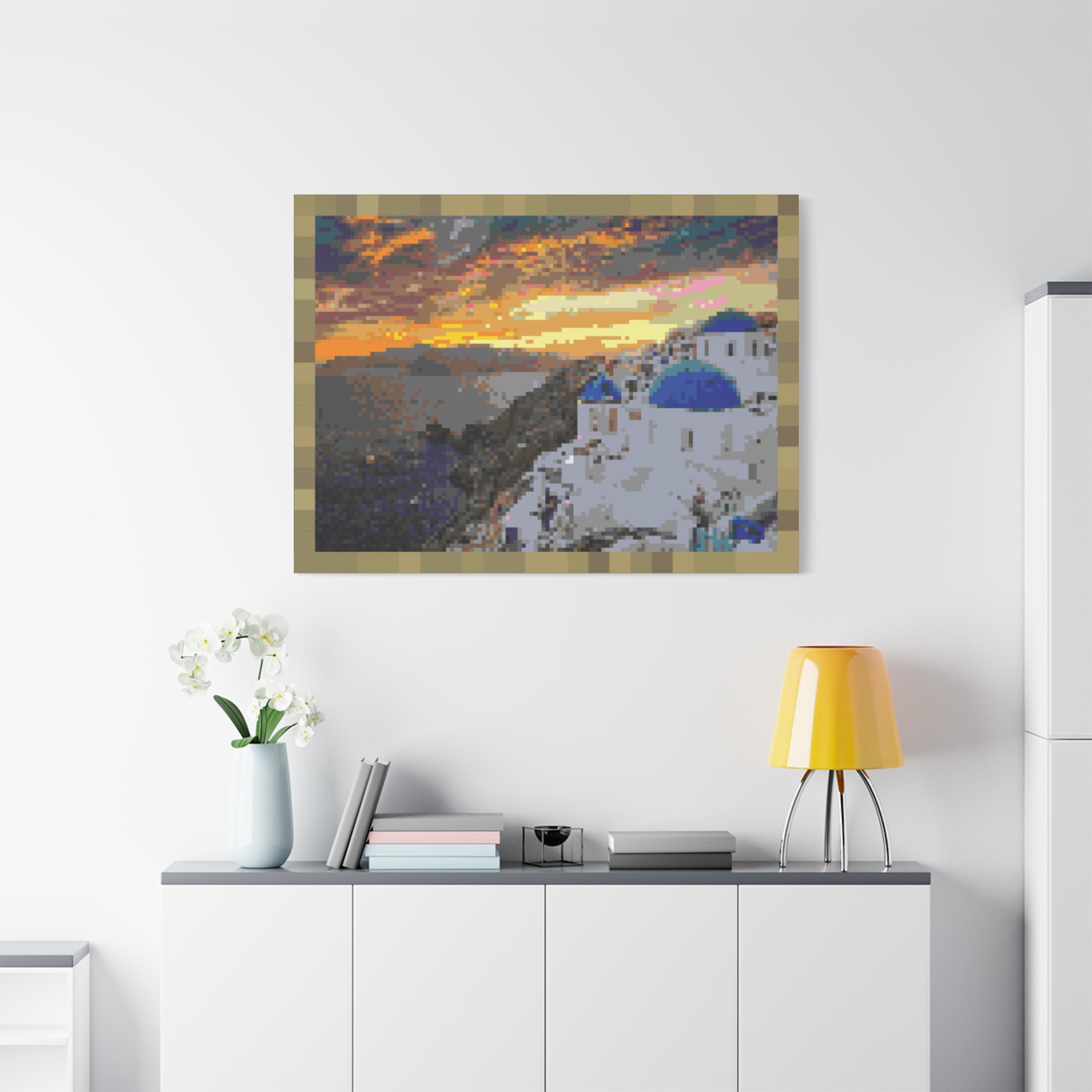 Santorini Sunset Pixel-Style Matte Canvas Print