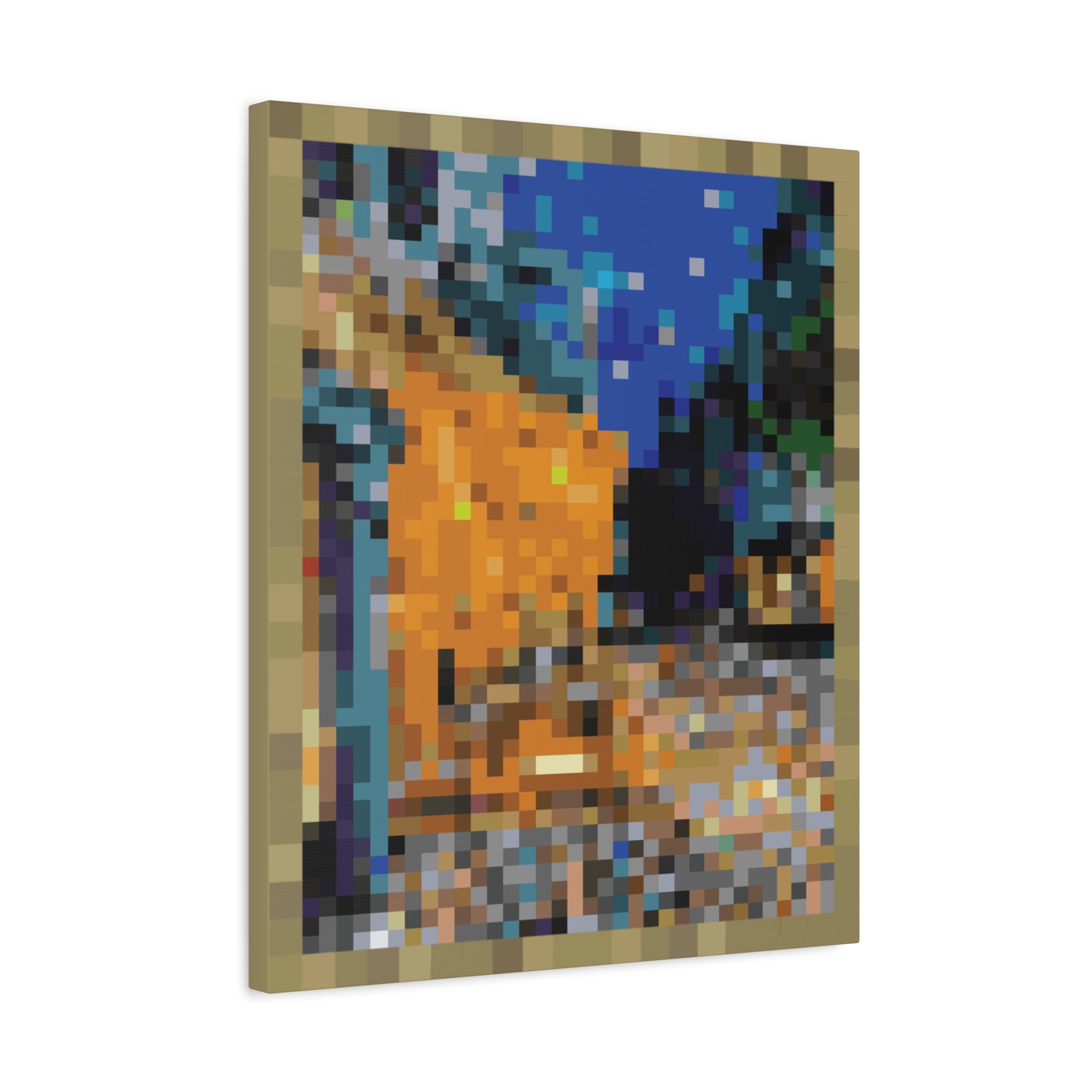 Cafe Terrace at Night Pixel-Style Matte Canvas Print