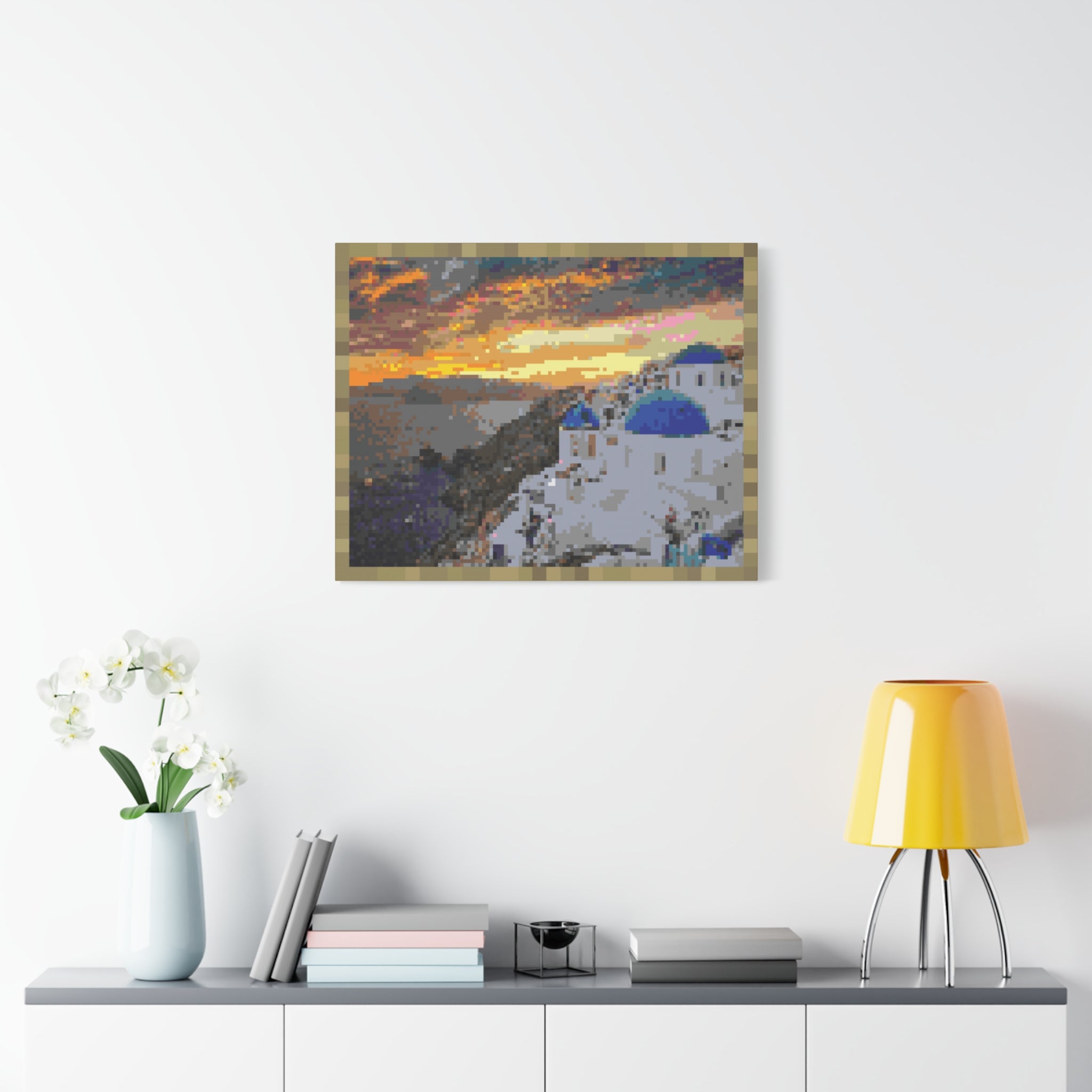 Santorini Sunset Pixel-Style Matte Canvas Print
