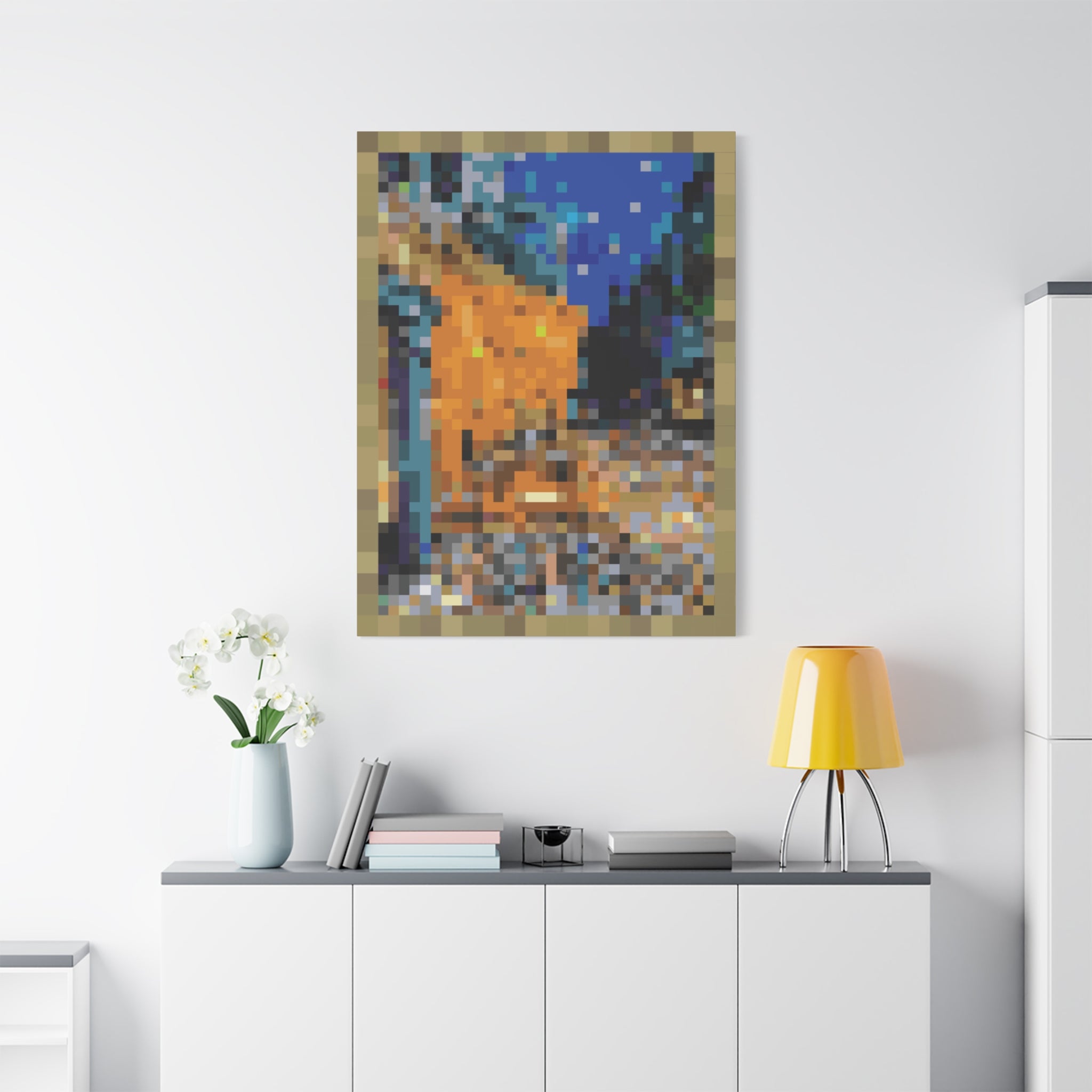 Cafe Terrace at Night Pixel-Style Matte Canvas Print