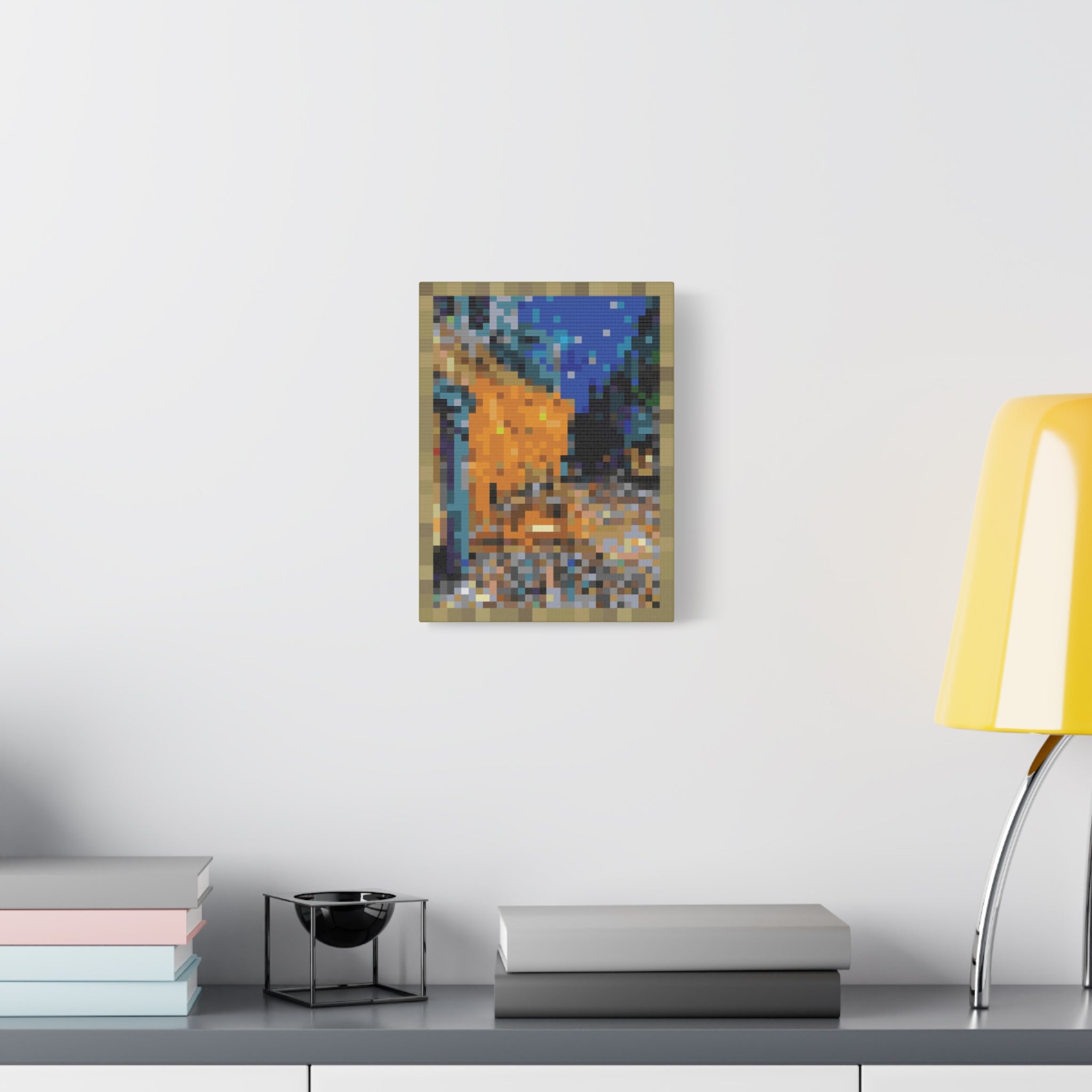 Cafe Terrace at Night Pixel-Style Matte Canvas Print