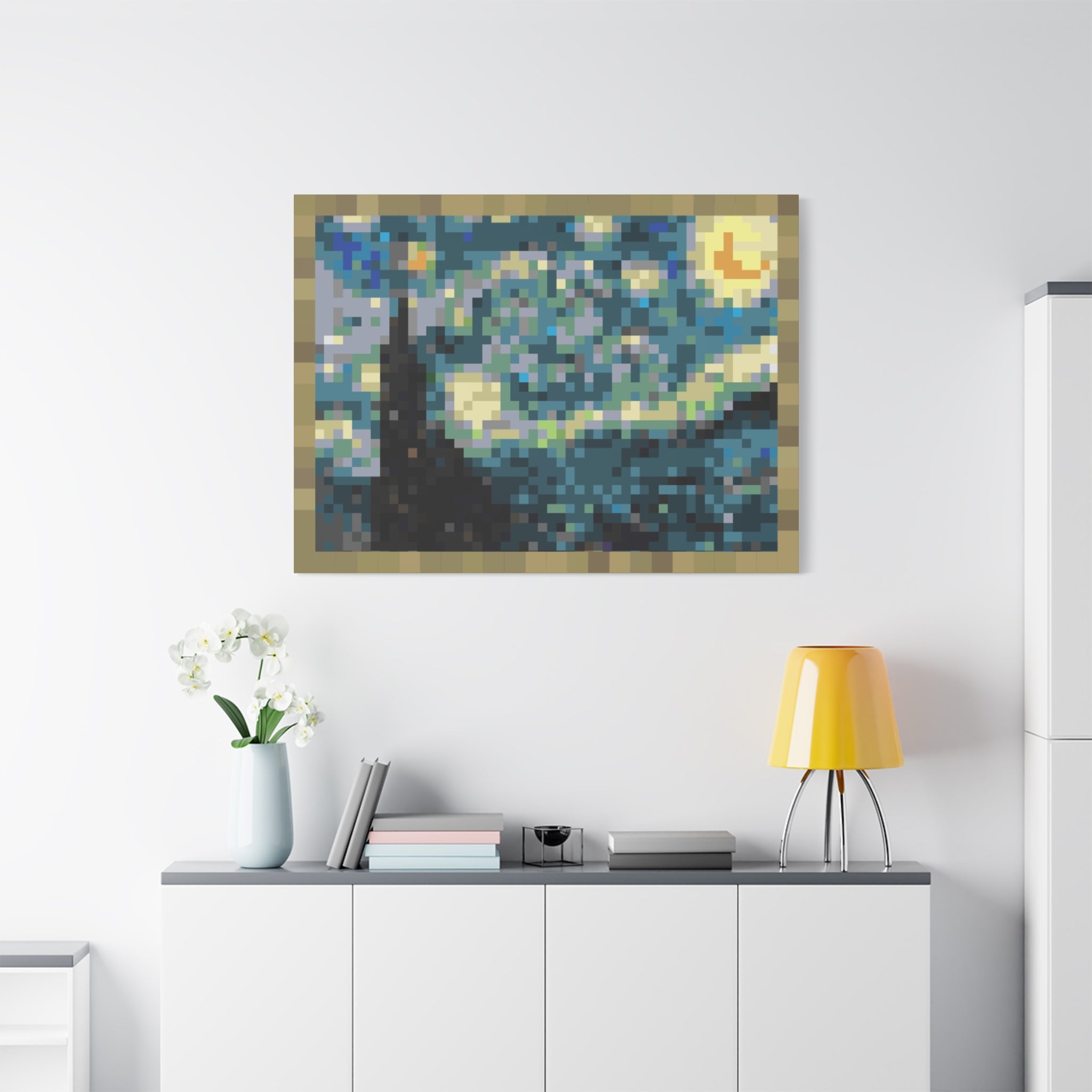 Starry Night Pixel-Style Matte Canvas Print