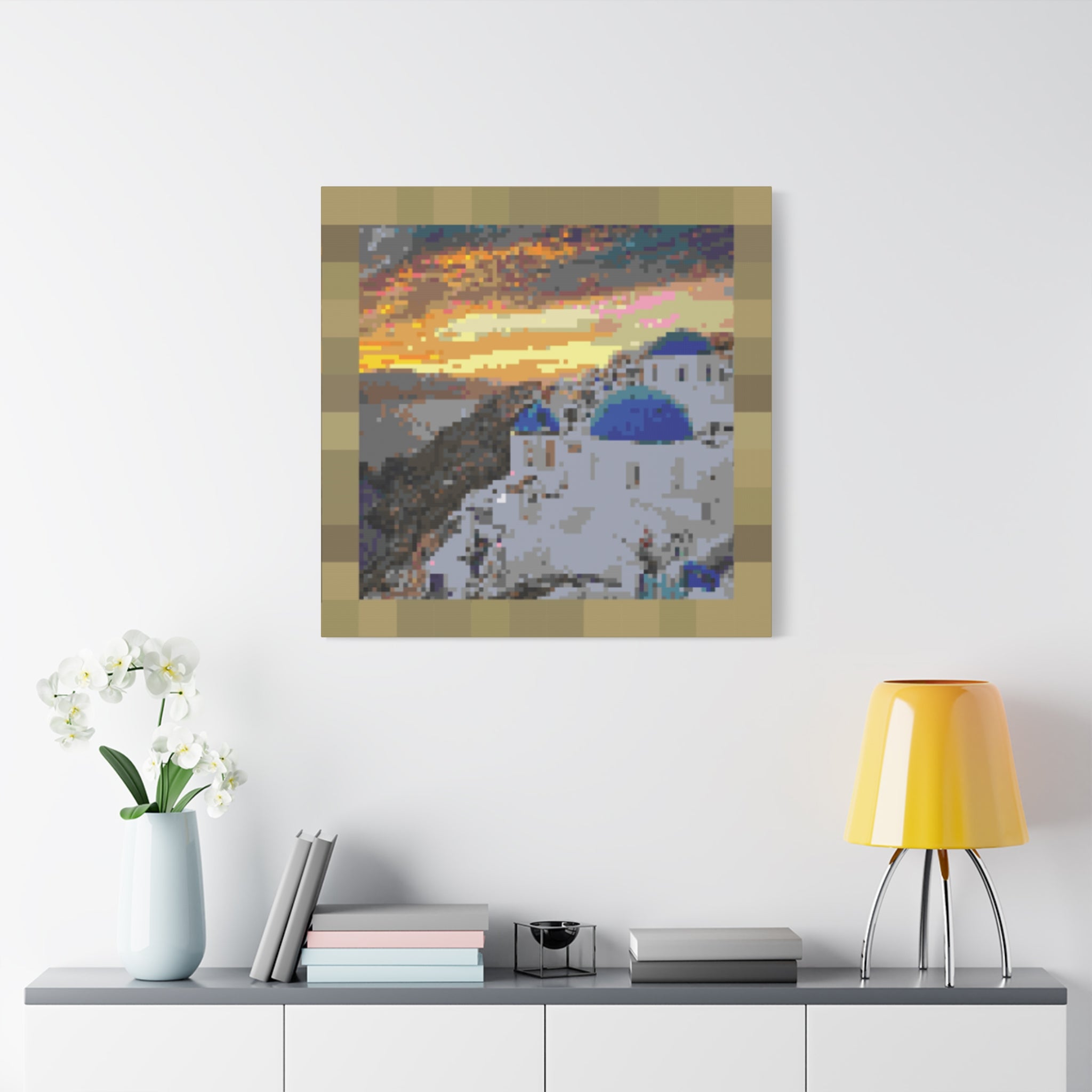 Santorini Sunset Pixel-Style Matte Canvas Print