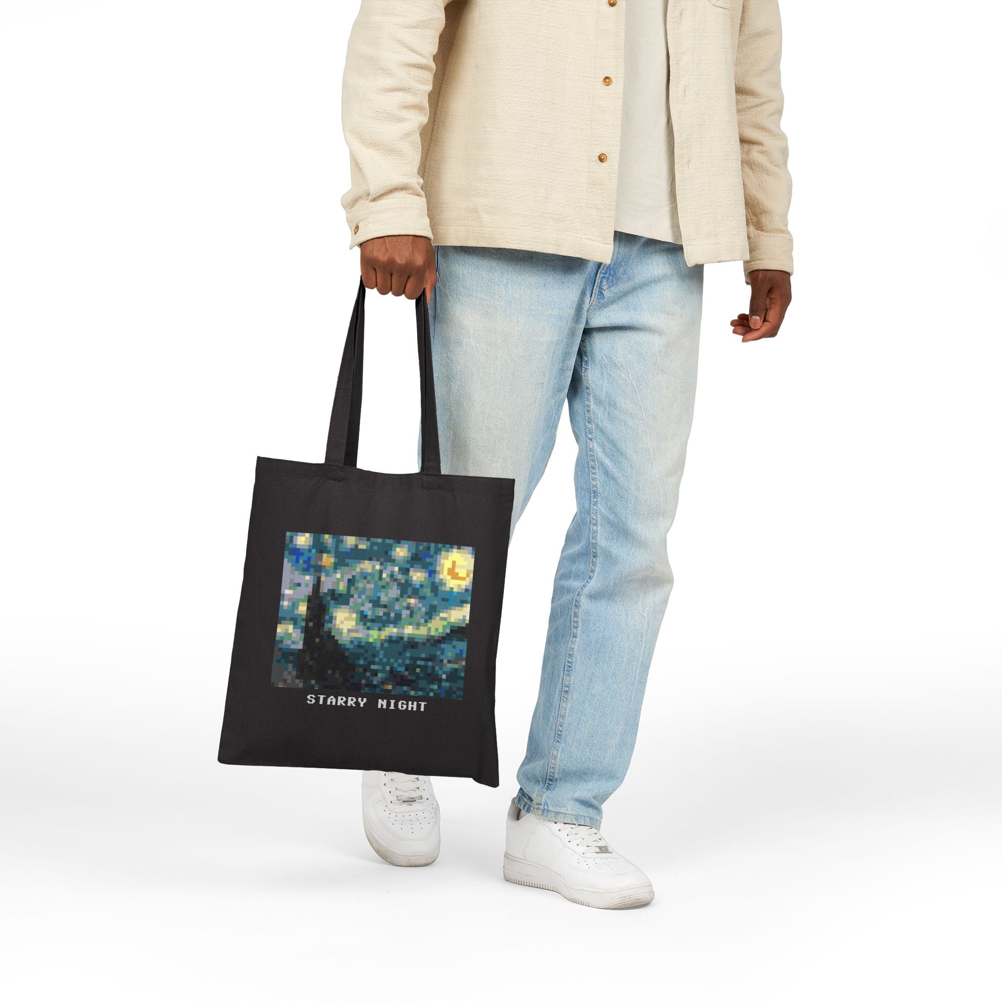 Starry Night Pixel Art Tote Bag — Famous Artwork Canvas Tote