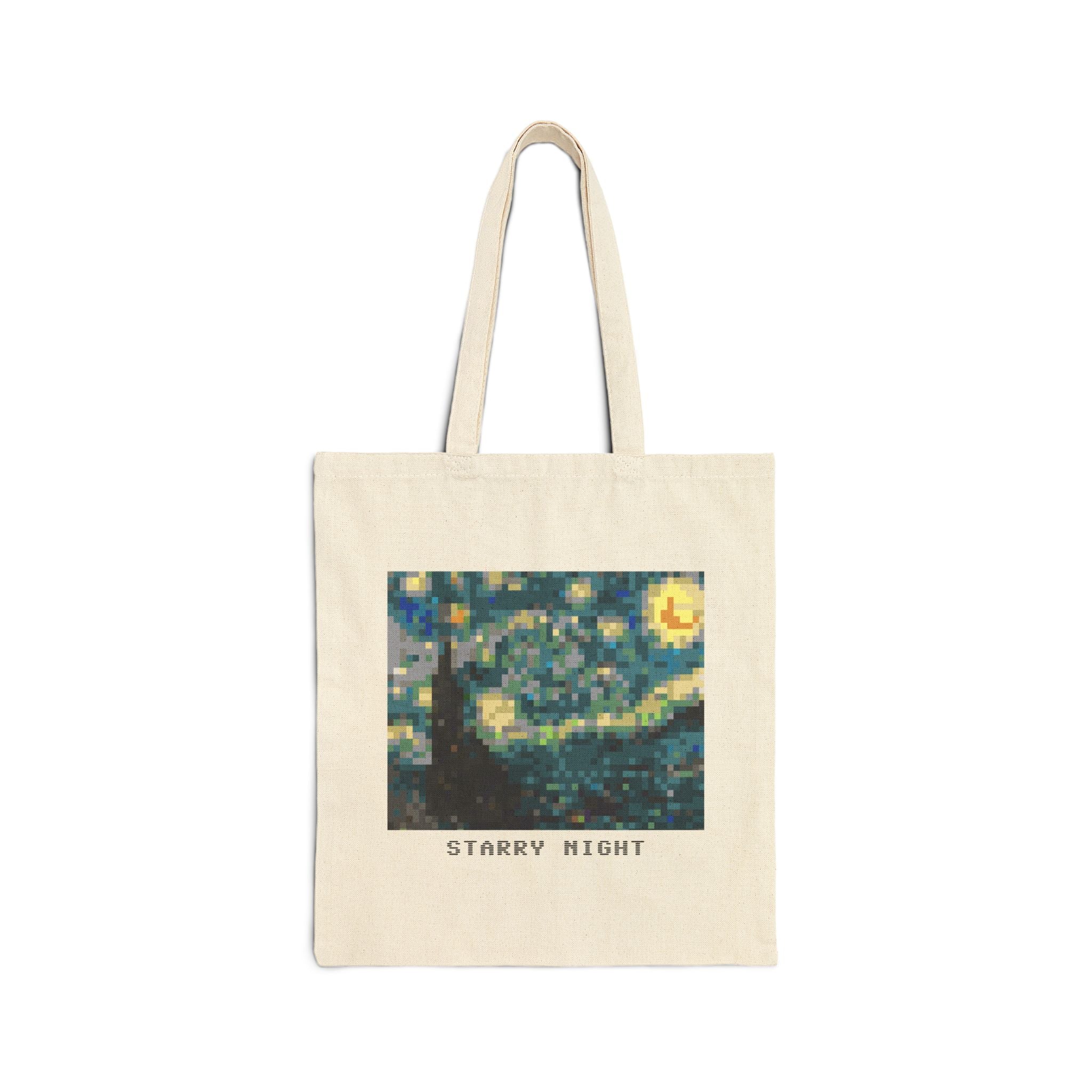Starry Night Pixel Art Tote Bag — Famous Artwork Canvas Tote
