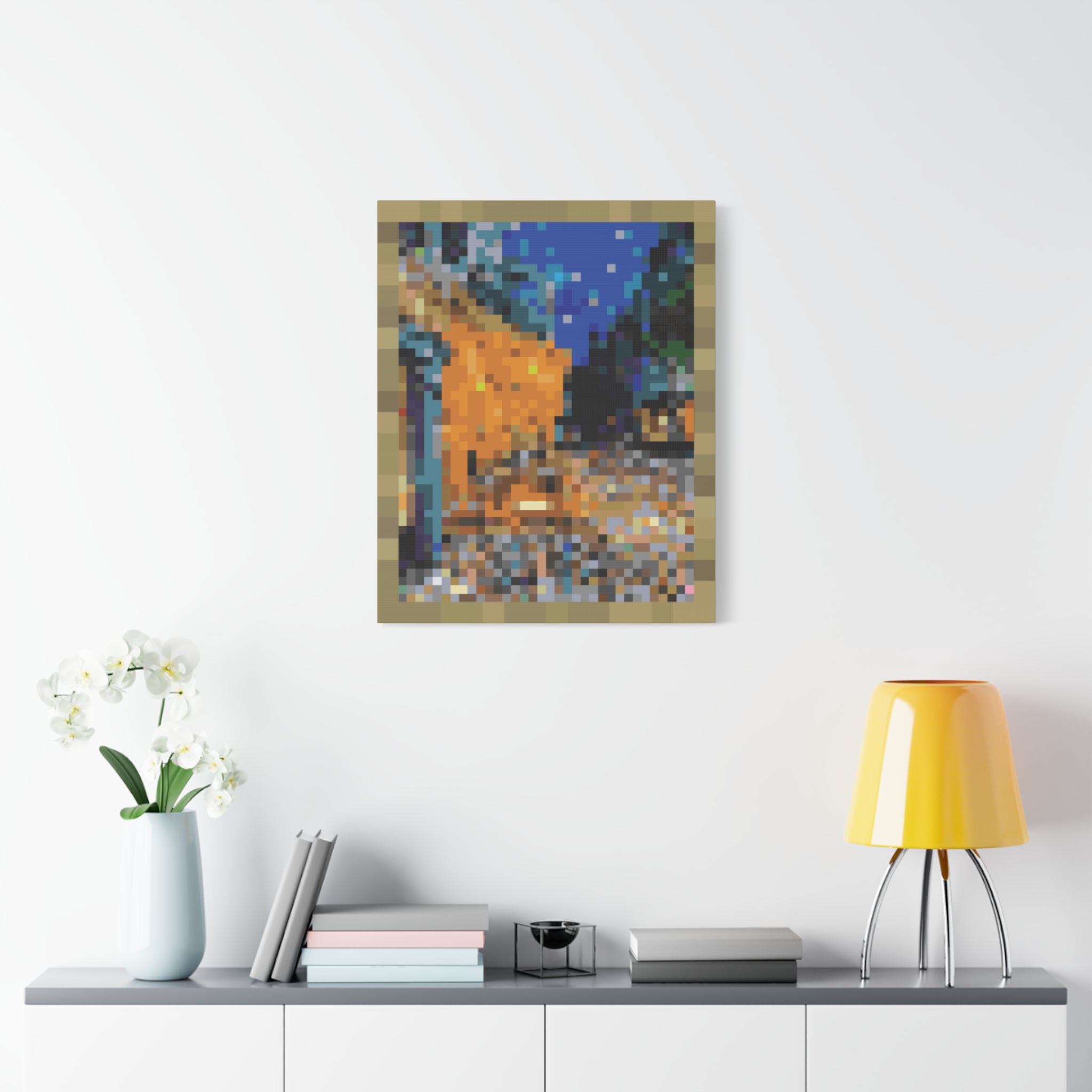 Cafe Terrace at Night Pixel-Style Matte Canvas Print
