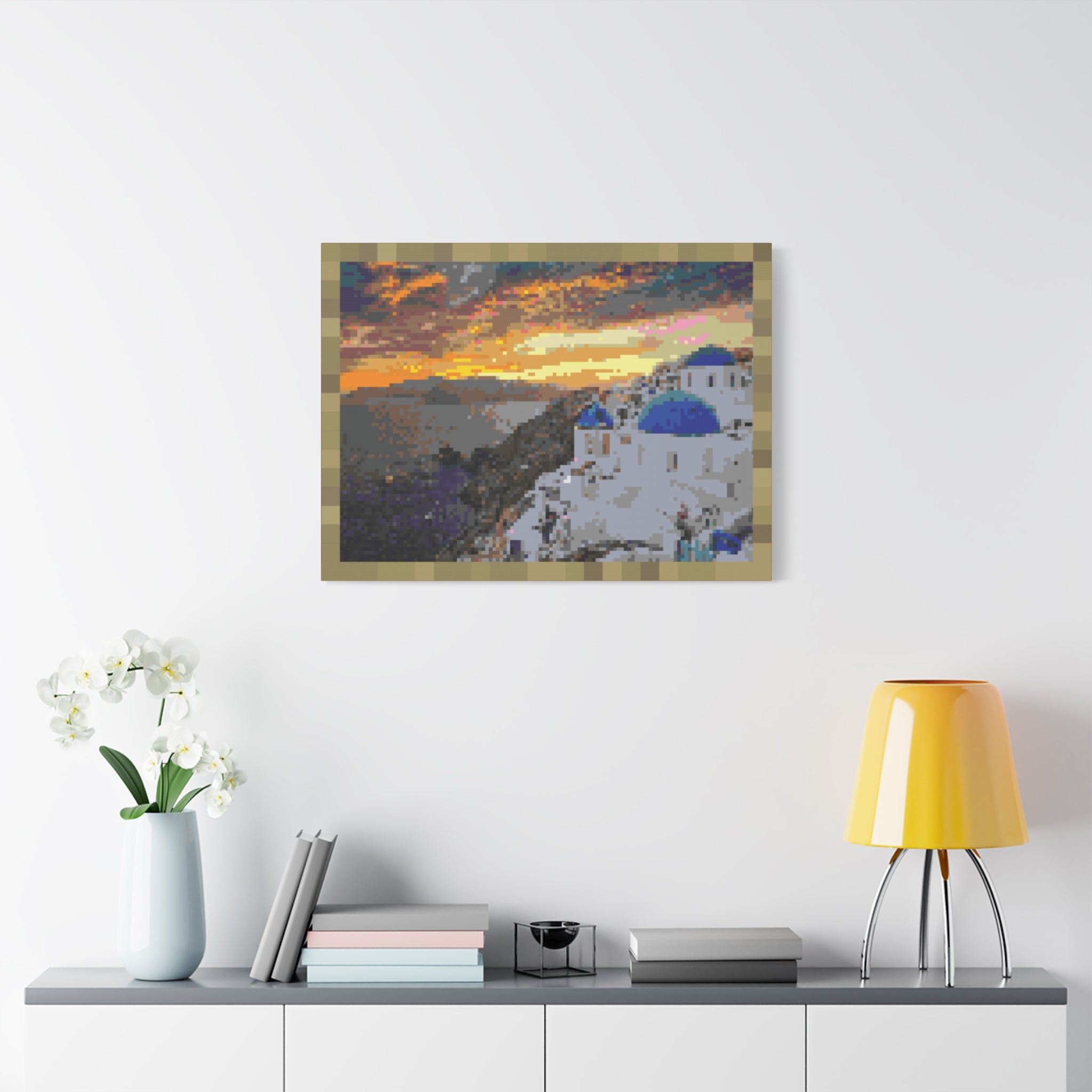 Santorini Sunset Pixel-Style Matte Canvas Print