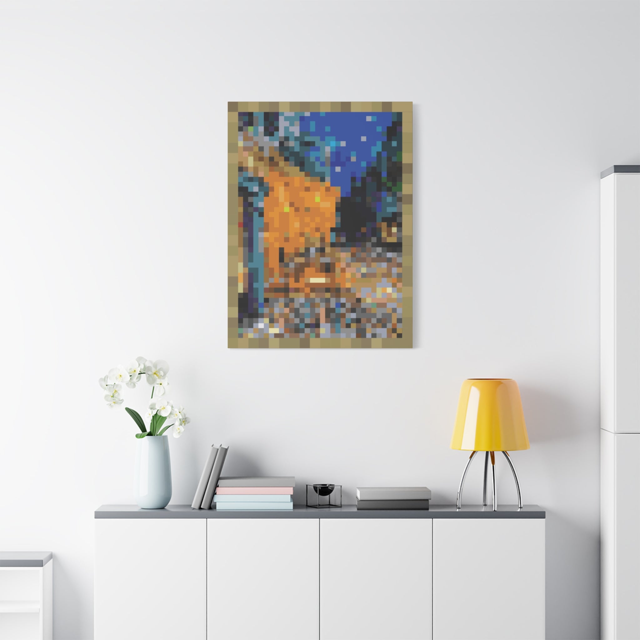 Cafe Terrace at Night Pixel-Style Matte Canvas Print