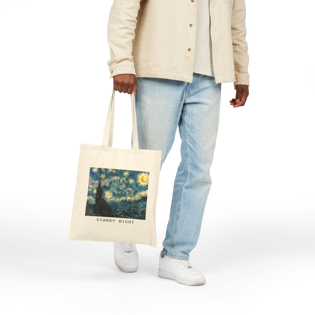 Starry Night Pixel Art Tote Bag — Famous Artwork Canvas Tote